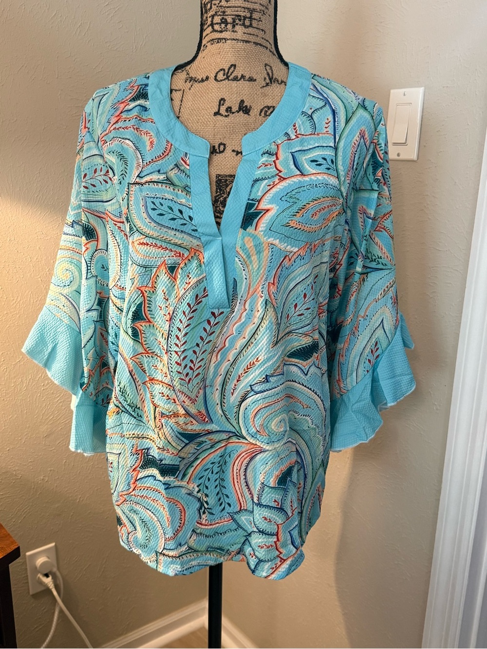 Light Blue Paisley Print Women's Top with Flare Sleeves